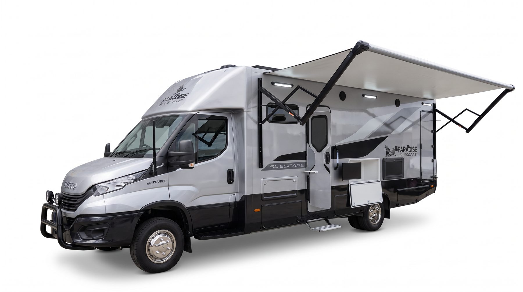 Paradise SL Escape 27ft motorhome exterior with awning out Paradise SL Escape 27ft motorhome exterior with awning out