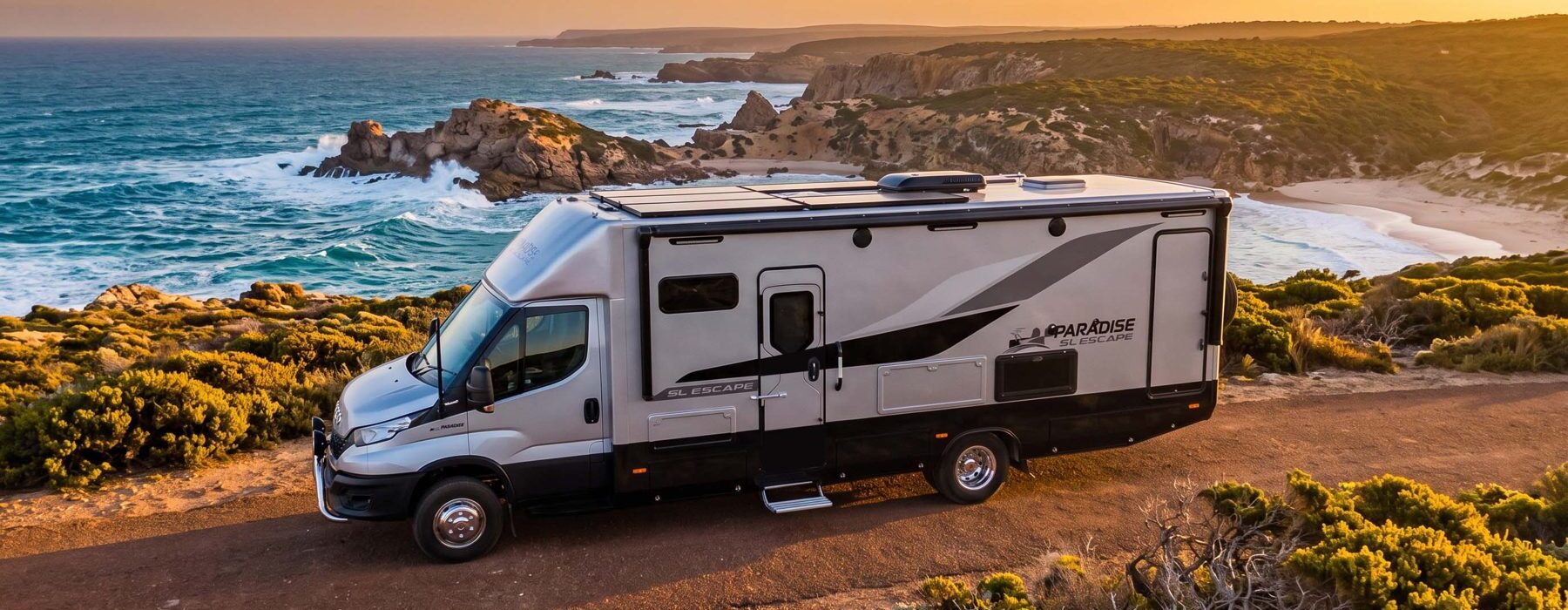 Paradise SL Escape 27ft motorhome on a coastal road Paradise SL Escape 27ft motorhome on a coastal road